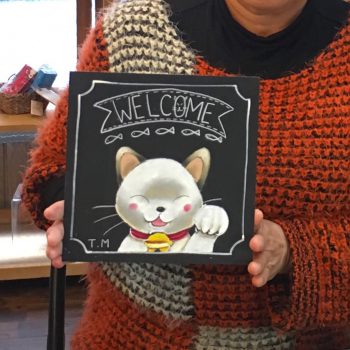 奈良チョークアート教室　ぎんのいすart works 体験レッスン コーヒーカップ　猫　いちご